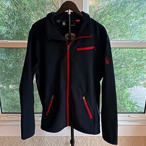 Spyder Men's XL Black Softshell Jacket Red Zippers Union Jack MOK Patch